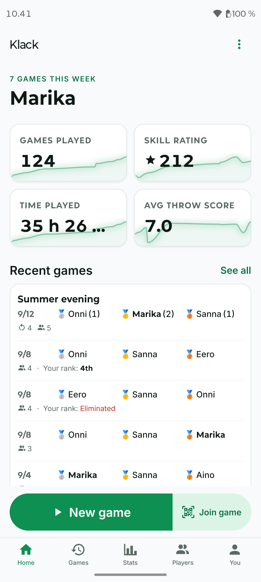The Klack home screen: recent games and the players you play with