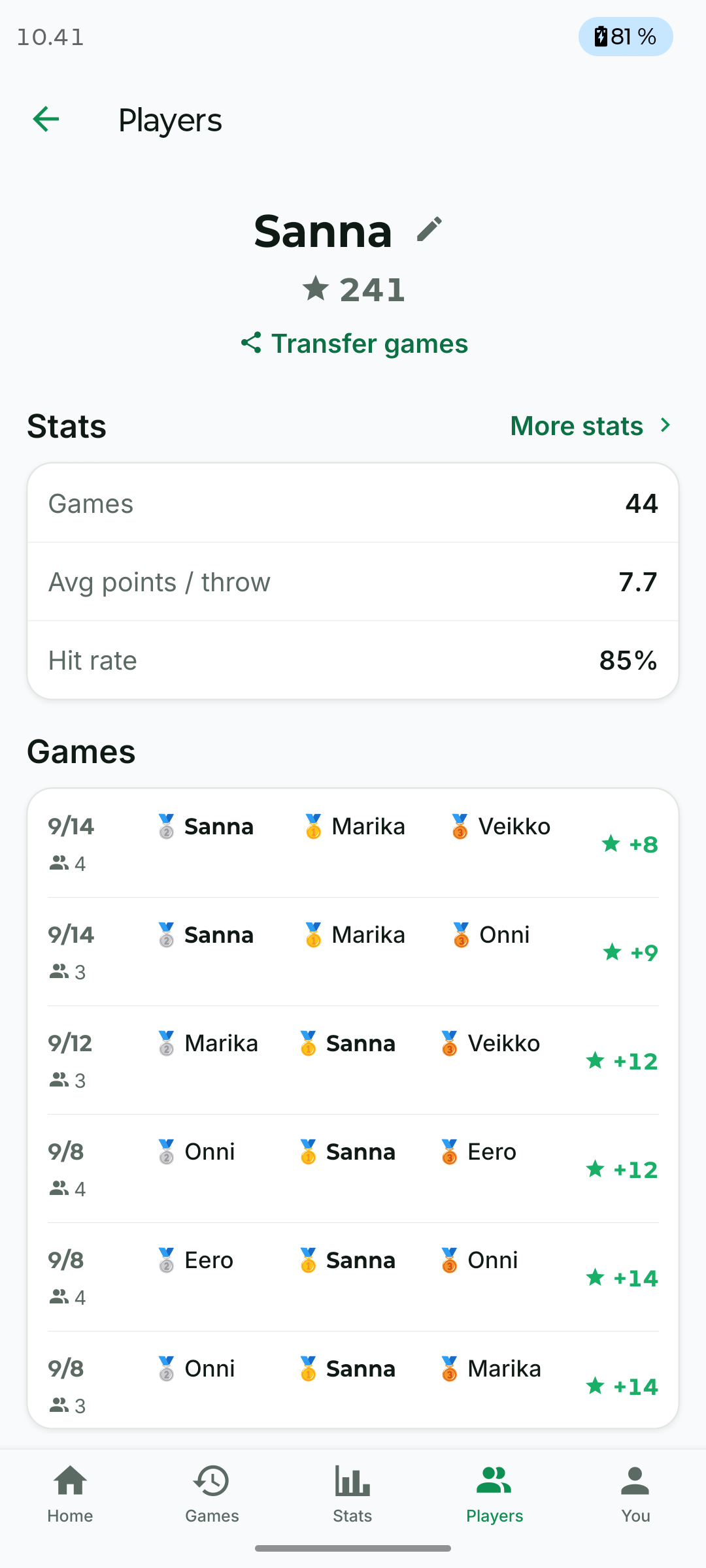 A Klack player card: skill rating, stats summary and game history