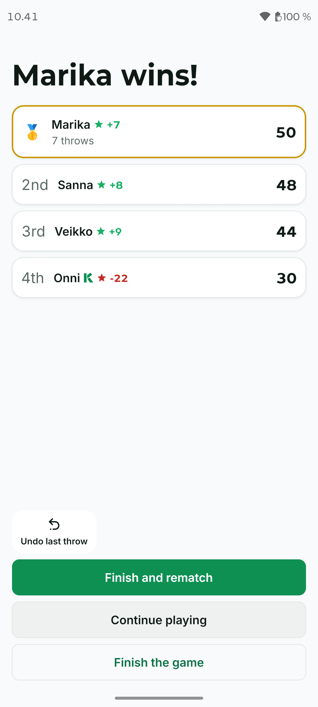 End-of-game results in Klack: the winner’s headline and the final standings with rating changes